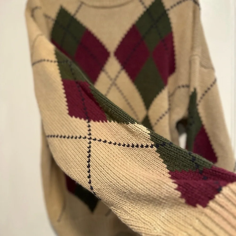 VTG 90s Harbour Classics Men’s Sz: L Tan Oversized Argyle Long Sleeve Sweater.